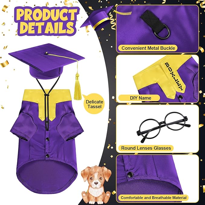 5 Pcs Dog Graduation Costume Set Include 2025 Pet Graduation Gown with Stole Puppy Grad Cap Lensless Glasses DIY Letter Stickers for Dogs Cats Holiday Costume Accessory(Purple Yellow,M)