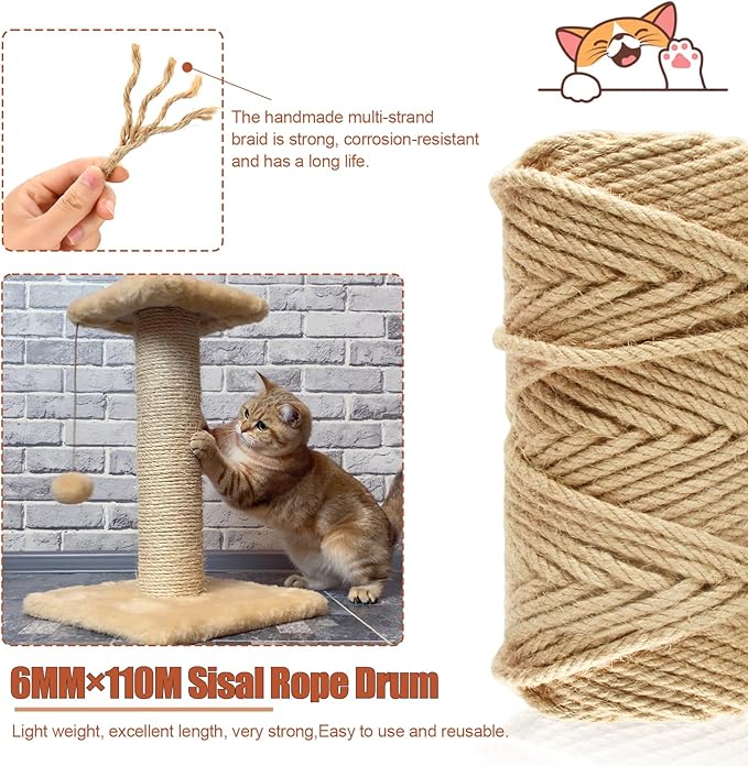 360FT/110M Natural Sisal Rope for Cat Scratching Posts, 6mm Thick Jute Hemp Cat Rope for Cat Tree Replacement, Cat Scratch Post Repair, DIY Projects, and Furniture Wrapping
