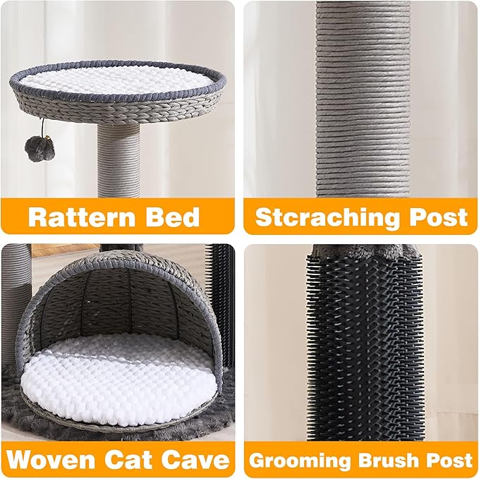 Modern Cat Tree Tower for Large Cat with Scratching Post for Indoor, 46 inch Multi-Level Cat Tower with Handwoven Beds, Cat Cave, Dangling Balls
