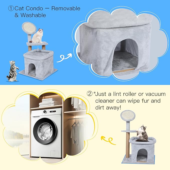 Cat Tree Tower 29.5 inch, Cat Tree for Indoor Cats with Hammock Perch, Small Cat Tower Playhouse Condos, Grey