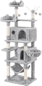 Topeakmart Cat Tree, 67in H Cat Tower for Indoor Cats, Multi-Level Cat Condo with Sscratching Posts & Soft Hammock & Large Basket & Fur Ball Sticks, Light Gray