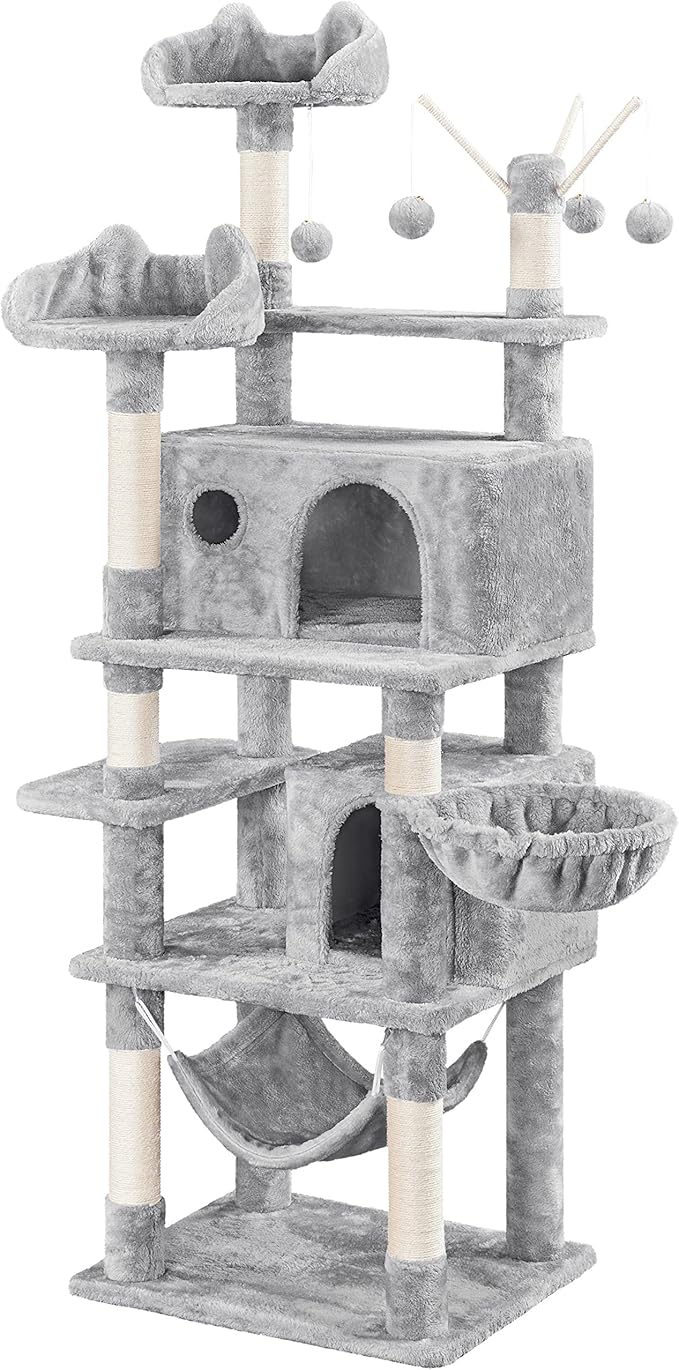 Topeakmart Cat Tree, 67in H Cat Tower for Indoor Cats, Multi-Level Cat Condo with Sscratching Posts & Soft Hammock & Large Basket & Fur Ball Sticks, Light Gray