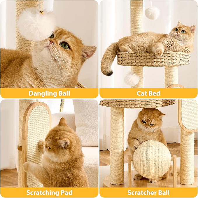 HITTITE Modern Cat Tree Tower with Scratching Post, 47 Inches Tall Cat Towers with Scratching Ball & Pad, Multi-Level Cat Tree with Rattan Bed and Removable Cushions for Indoor Cats Large Adult.
