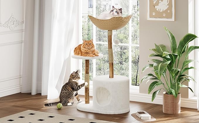 Modern Luxury Cat Condo Tower for Large Cats – Sturdy Natural Wood & Real Branch – Wicker Basket Bed, Multiple Scratching Posts, Pom Pom Balls – Stylish Indoor Cat Furniture
