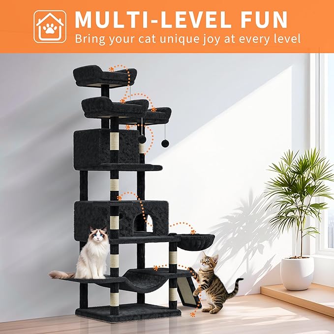 68.5 in Multi-Level Cat Tree for Indoor Cats Large Adult Heavy Duty Cat Tower for Large Cats with 2 Condos/Plush Perches/Sisal Scratching Posts/Hammocks/Basket/Dangling Balls, #2604 Dark-Grey