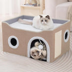 Cat Houses for Indoor Cats - Large Cat Bed Cave with Scratch Pad and Fluffy Ball, Foldable Cat Condo Hideaway with Reversible Cushion for Multi Small Pet (Beige, Double)