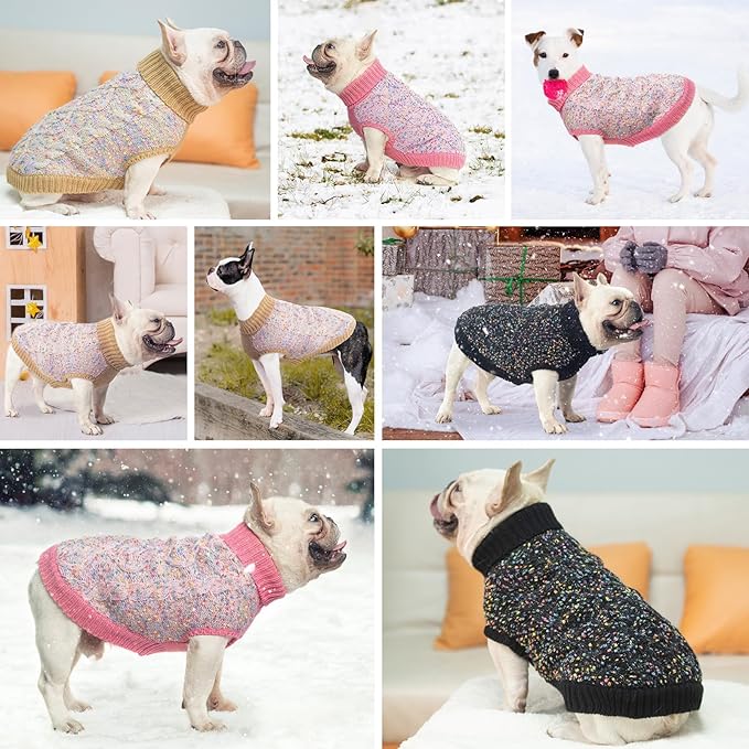 BEAUTYZOO Cable Knit Small Dog Sweater, Color Block with Fuzzy Thread Knitted Turtleneck Dog Knitwear with Dots in a Variety of Colors for Small Medium Dogs Fall Winter Dog Clothes, M Black