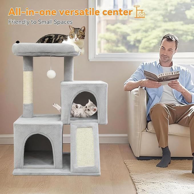 Cat Tree, 29.5 Inches Cat Tower with Dual Condos for Indoor Cats, Plush Cat House with Padded Perch, Scratching Ramp and Posts White-Gray