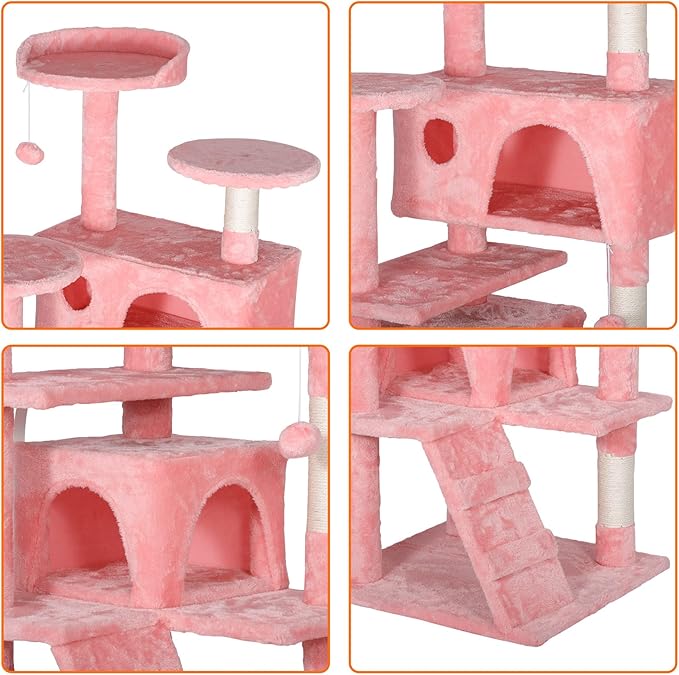ZENY 54 Inch Cat Tree, Multi-Level Cat Condo with Scratching Post + 2 Play Houses, Pet Furniture in Pink