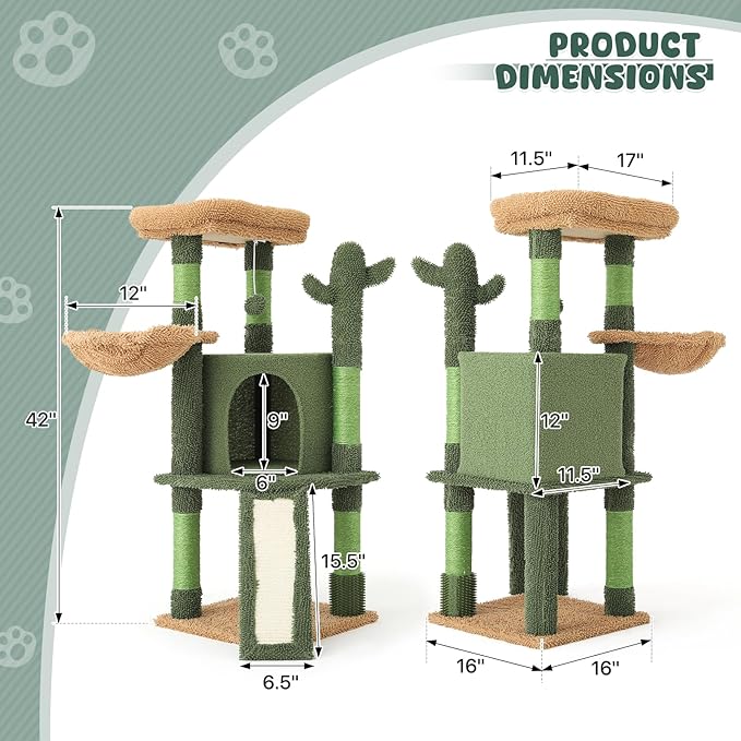 Magshion 42" Cactus Cat Tree for Indoor Cats, Multi-Level Cat Tower with Condo, Scratching Post, Ramp, Perch, Basket & Toys, Compact Cat Climbing Tree for Kittens & Small Cats, Green