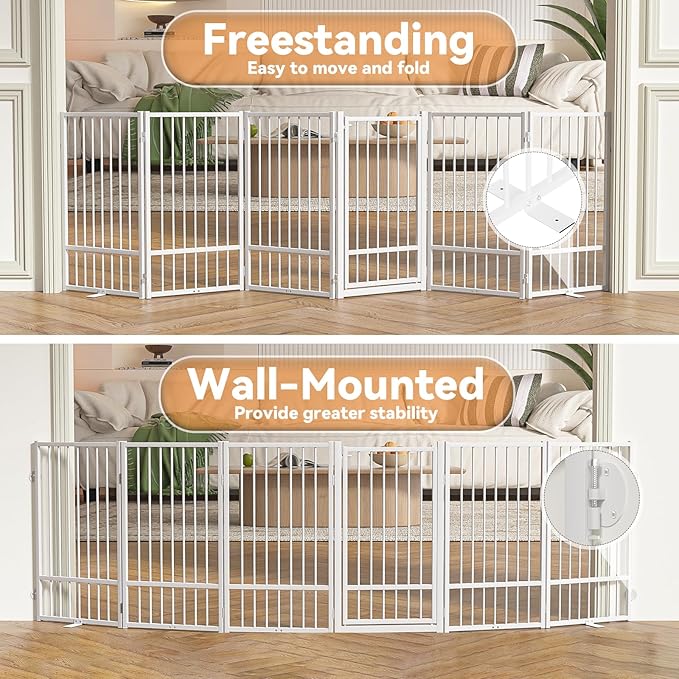 Full Metal Freestanding Dog Gate with Door, 36''Height Foldable Pet Dog Fence for Indoor & Outdoor, 6 Panels Extra Wide Free Standing TallDog Gates for Doorways,House,Stairs,Porch,Deck,Yard