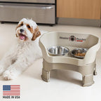 Neater Feeder Deluxe Mess-Proof Elevated Dog Bowls for Medium Dogs (19–40 lbs), 2 Height Adjustable (10” & 12.5”) No-Spill Raised Dog Bowl Stand, Stainless Steel Food Bowl Set, Made in USA, Cappuccino