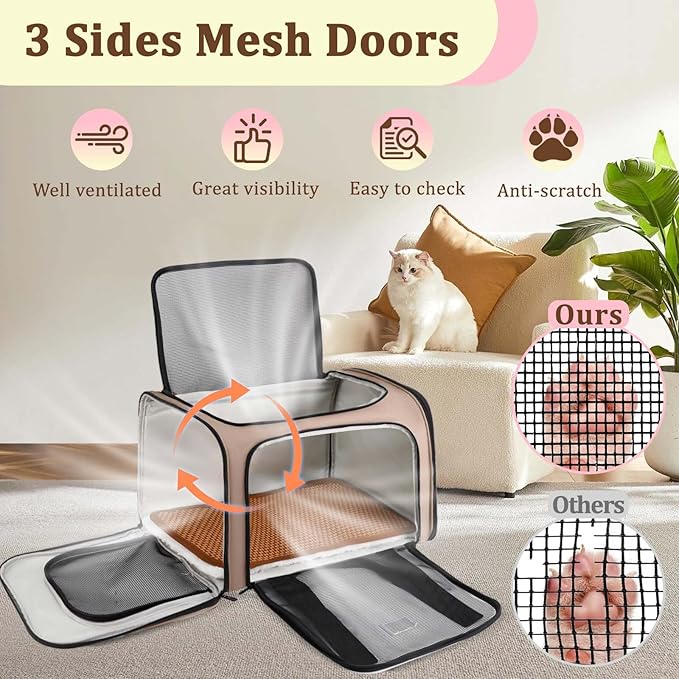 Cat Carrier Dog Carrier - Soft-Sided Cat Carrier with Plush Pad & Cooling Mat, Easy-Load 4-Side Zipper & 3-Side Mesh Ventilation, Pet Carrier Airline Approved for Cats/Dogs Up to 16 lbs, Brown