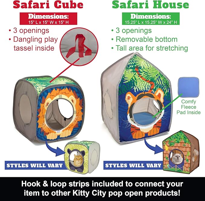 Kitty City Safari Jungle Pop-Up Cat Cube, Collapsible Indoor Cat Hideout & Play Cube with Peekaboo Openings, Easy Storage, 15” x 15” x 15”