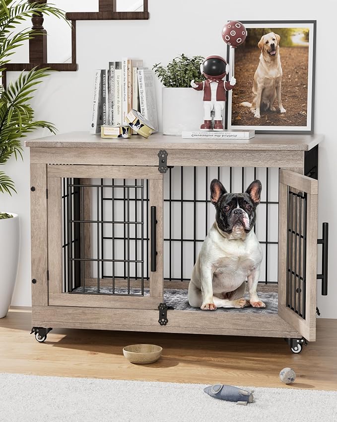 Dog Crate Furniture with Cushion, Wooden Dog Kennel with Double Doors, Heavy Duty Dog Cage End Table with Wheels, Dog House Indoor for Small Medium Dogs up to 45 lb, 32.5” L, Grey