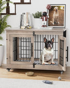 Dog Crate Furniture with Cushion, Wooden Dog Kennel with Double Doors, Heavy Duty Dog Cage End Table with Wheels, Dog House Indoor for Small Medium Dogs up to 45 lb, 32.5” L, Grey