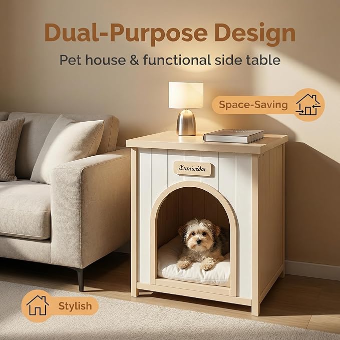 Wooden Dog Crate Furniture, Side Table Dog House for Indoor Small Dogs, Modern End Table with Cushion