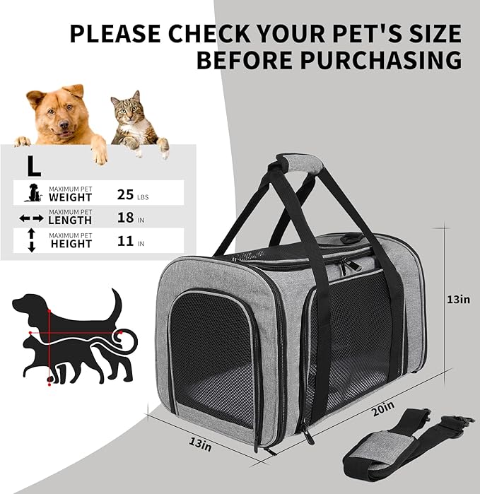 Carriers Soft-Sided Pet Carrier for Medium Large Cats Dogs 15lbs 20lbs,Ventilated Design,Portable Carry Handle,Collapsible Carrier for Kitten Puppy(X-Large,Grey&Black)