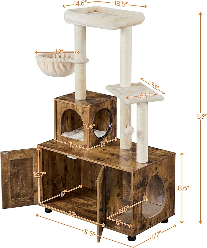 Yaheetech Cat Tree, 53in Cat Tower with Wood Litter Box Enclosure, 2-in-1 Cat Tree with Condo, Scratching Posts, Perch for Indoor Large Cats, Cat Activity Center, Rustic Brown/Beige