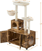 Yaheetech Cat Tree, 53in Cat Tower with Wood Litter Box Enclosure, 2-in-1 Cat Tree with Condo, Scratching Posts, Perch for Indoor Large Cats, Cat Activity Center, Rustic Brown/Beige