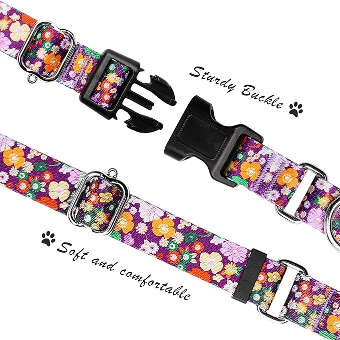 Hikiko Martingale Collar for Dogs Cute Floral Dog Collar for Small Medium Large Dogs Special Design Fancy Dog Collars for Girl Boy Pet (Purple Flower,Large)