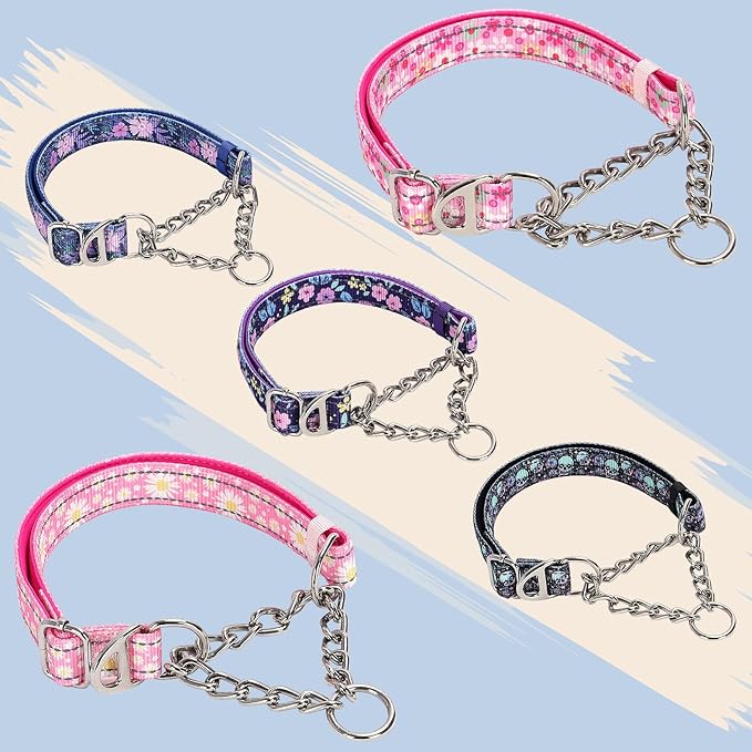 Martingale Dog Collar with Chain,Pink Daisy No-Pull Dog Collar Adjustable Comfortable Reflective Choke Dog Collar for Training & Walks（Pink Daisy Medium