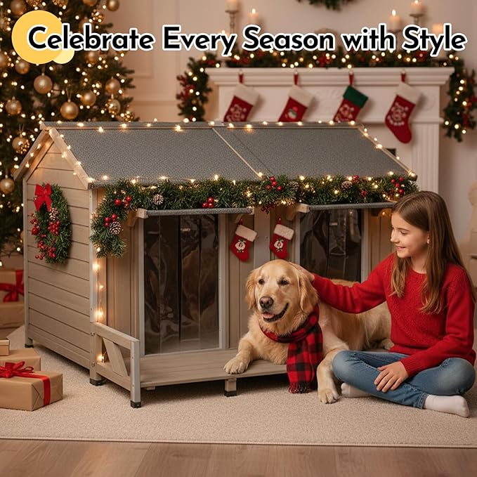 59''L Extra Large Dog House with 2 Doors, Wooden XL Dog House Outdoor Weatherproof with Chew-Proof Iron Frame, Openable Roof, 2 Windows, Indoor Doghouse Pet Shelter Fits Small to Middle Dogs