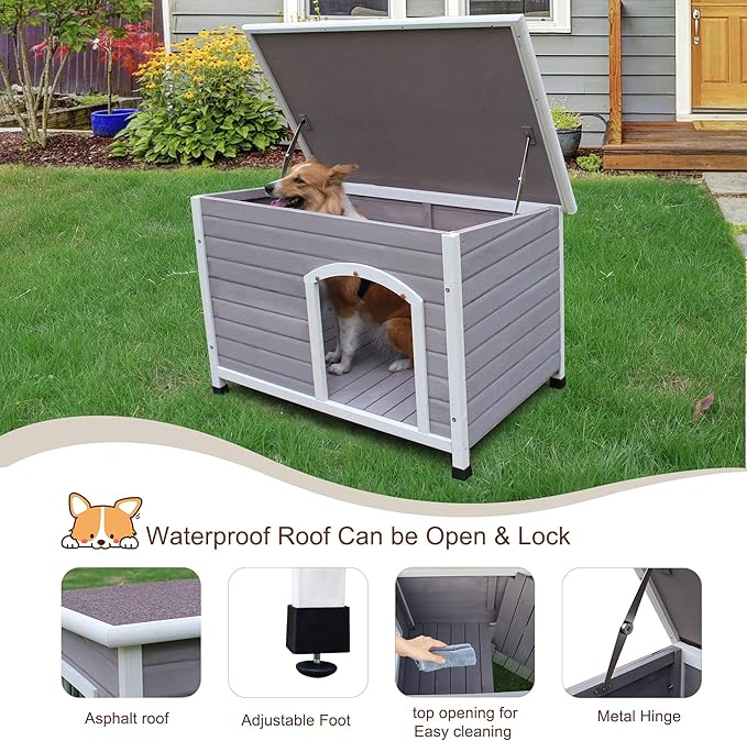 Rockever Waterproof Large Dog Houses Outdoor Indoor, 44" Wooden Elevated Outdoor Dog Houses with Window for Small to Large Sized Dogs, Easy Clean and Assemble