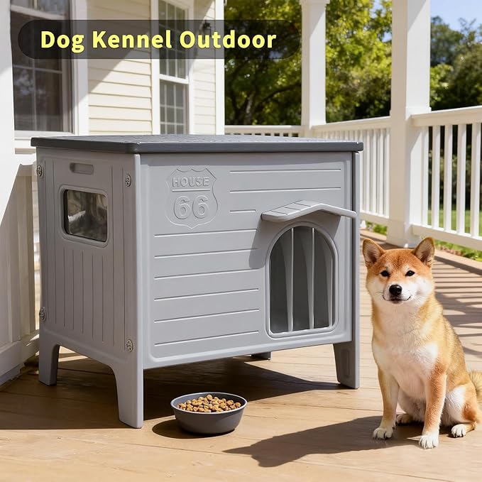 Rockever Dog House Outdoor Indoor for Small Medium Dogs, Plastic Elevated Outdoor Dog House Waterproof Dog Kennel with Window, Easy Clean and Assemble(M)