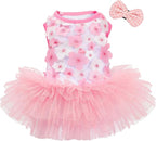 Dog Dress, Fashion Puppy Tutu Princess Dresses for Small Dogs Girl, Sweet Skirt with Dog Bowknot Clips, Spring Dog Cat Clothes Pet Apparel (Pink Floral Dress, Small)