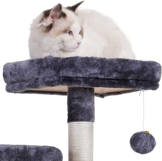 Heybly Cat Tree, Cat Tower for Indoor Cats, Multi-Level Cat Furniture Condo for Cats with Padded Plush Perch, Cozy Basket and Scratching Board, Smoky Gray HCT014G
