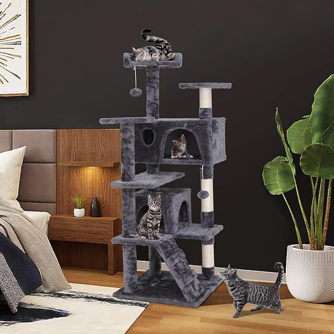 LEMY 54 Inch Cat Tree,Multi-Level Cat Tower Condo for Indoor Kittens,Dark Grey Cat House with Sisal-Covered Scratching Post for Cats to Play and Sleep