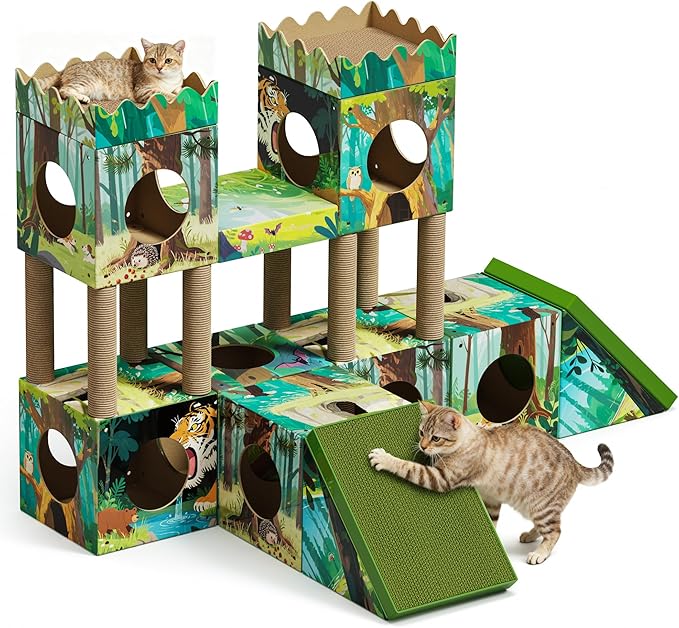 DIY Cardboard Cat House with Scratching Posts, Scratching Board, Multi-Level Cat Tower Playhouse & Tunnel for Kittens & Adult Cats, Recyclable 61.02″ × 36.61″ × 40.2″, Green Forest