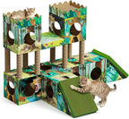 DIY Cardboard Cat House with Scratching Posts, Scratching Board, Multi-Level Cat Tower Playhouse & Tunnel for Kittens & Adult Cats, Recyclable 61.02″ × 36.61″ × 40.2″, Green Forest