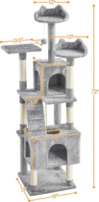 Topeakmart 72in Cat Tree for Indoor Cats, Multi-Level Cat Tower Cat Condo with Scratching Posts, 3 Perches, Cat Furniture Activity Center Play House for Cats Kitten, Light Gray