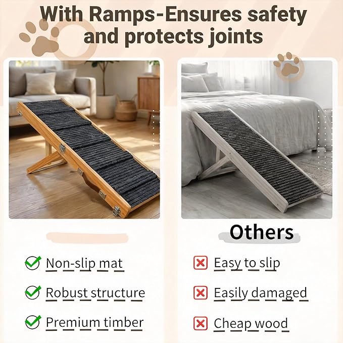 2026 Upgraded Foldable Dog Ramp for Couches, Wooden Small Dog Ramp for Sofa - 4 Adjustable Heights (12"-19"), Portable, Stable & Non-Slip, Walnut