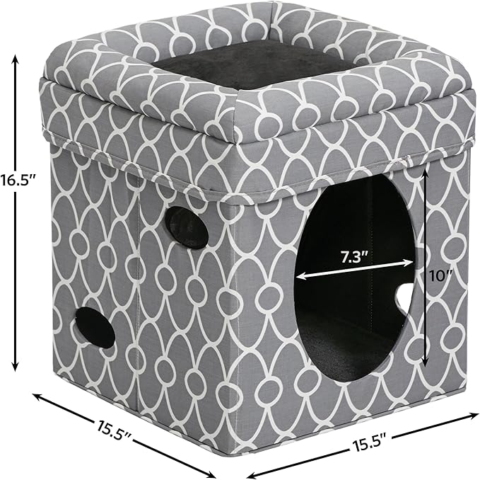 MidWest Homes for Pets Feline Nuvo Curious Cat Cube, Foldable Cat Hideout with Toy, Bolstered Bed Top, Gray Geo Print, Faux Fur