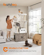 Feandrea Cat Tree, 66.9-Inch Cat Tower with Litter Box Enclosure, Large Condo with Food Station, Storage, Scratching Posts, Cave, Hammock, Washable Cushions, Heather Greige UPCT169K02