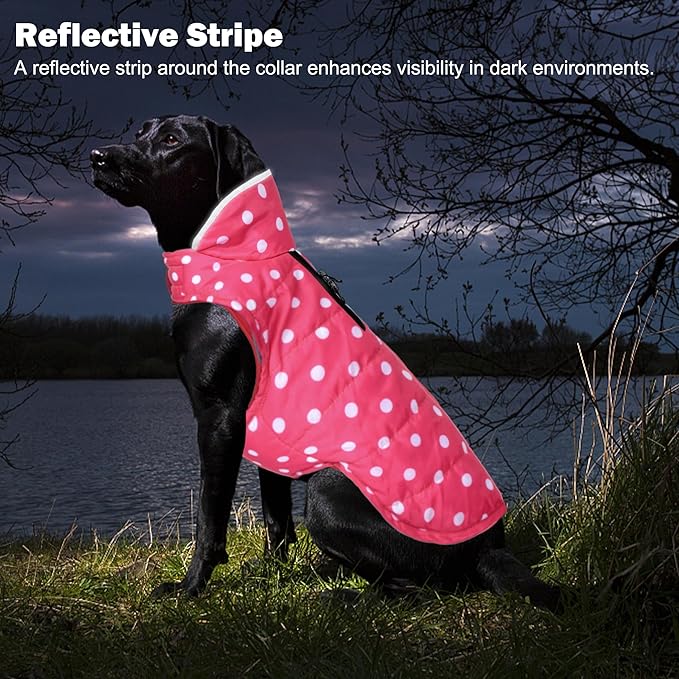 Dog Winter Coat, Waterproof Dog Jacket with Leash Hole, Reflective Adjustable Pet Snow Vest, Warm Fleece Sweater for Small Medium Large Dogs - Pink Polka Dot, 3XL
