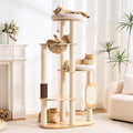 797Audio Modern Wood Cat Tree Tower, 60" Cat Tree with Sisal Scratching Posts, Capsule and Scratch Pad for Indoor Cats, Solid Rubber Wooden Cat Tree,Large Platform Multi-Level Tree for Large Adult Cat
