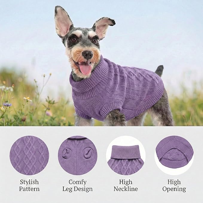 Dog Pullover Sweater, Cable Knitwear, Warm Clothes for Chihuahua, Bulldog, Dachshund, Pug, Yorkie, Dog Outfits for Small Dogs Medium Dogs (Purple L)