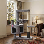 Cat Tree with Cat Condo and Hammock for Indoor Cats, Cat Tree with Self-Grooming Brush and Toy Balls,Cat Tower with Scratching Posts,Grey