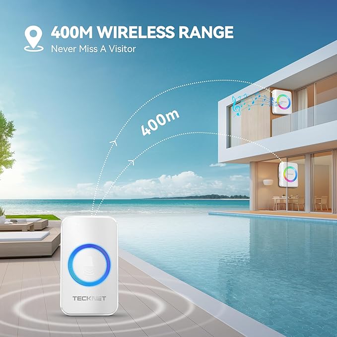 TECKNET Wireless Doorbells for Home, IP65 Waterproof Door Bell 1300ft Range, 0-120dB Classroom Doorbell Kits with 60 Chimes & 5 Volume Levels, RGB Flashing for Hearing Impaired with 2 Receivers,White