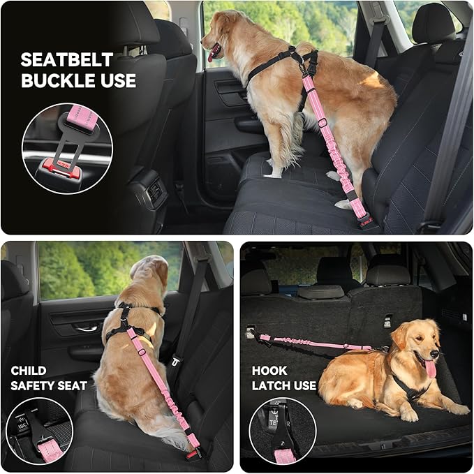Pawaboo Dog Seat Belt Harness for Car, Dog Car Harness Seatbelt with Double Clips, Adjustable Breathable Pet Vest & Dogs Safety Tether with Elastic Bungee for Small Medium Large Pet, M, Pink + Black