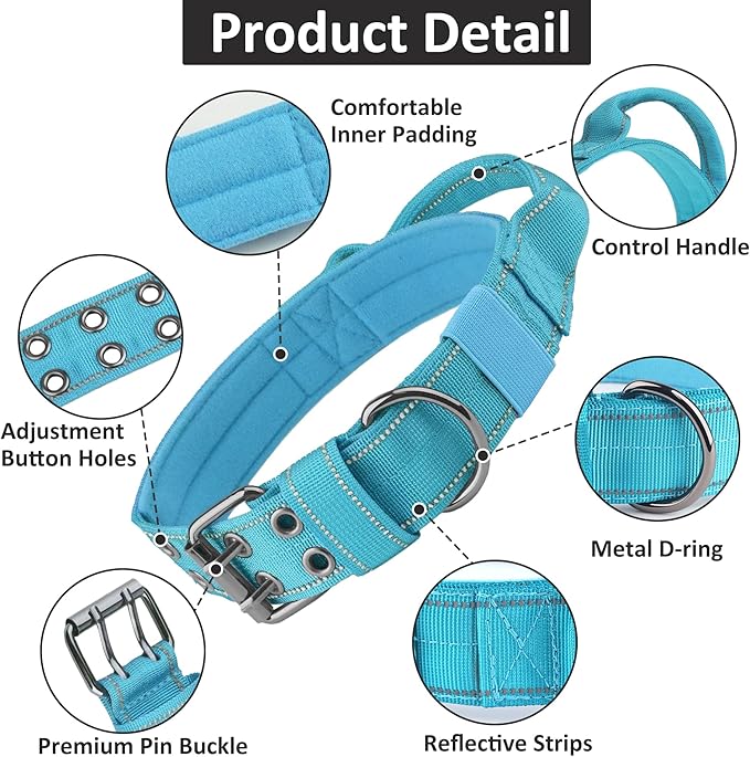 Tactical Dog Collar with Control Handle, Military Adjustable Pet Collar Reflective Heavy Metal Buckle Dog Collar, Soft Nylon Training Collar for Medium Large Dogs (Blue, X-Large)