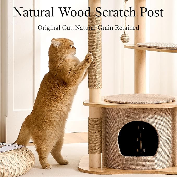 797Audio Modern Wood Cat Tree Tower, 46" Aesthetic Cat Tree with Natural Pine Wood Scratching Posts and Condo for Adult Cats, Solid Rubber Wooden & Linen Cat Tree,Multi-Level Tree for Indoor Cat