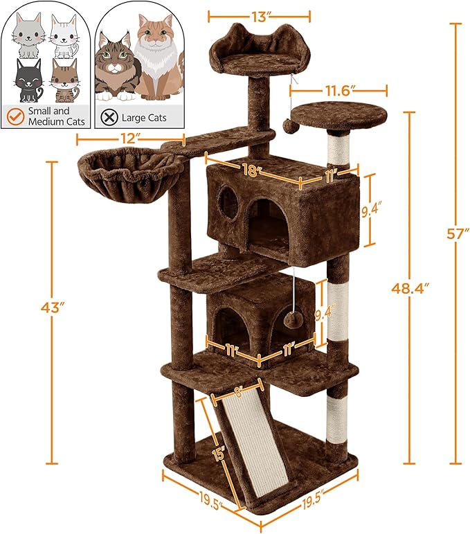Yaheetech 57 inches Cat Tree for Indoor Cats, Multi-Level Cat Tower w/ 3 Perches, 2 Cat Condos, 2 Hanging Balls and Scratching Posts, Brown