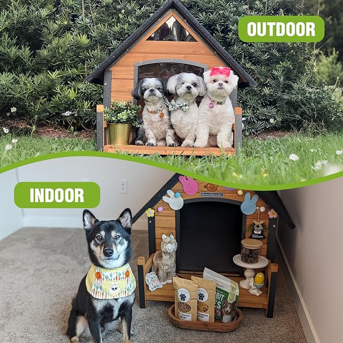 GUTINNEEN Outdoor Dog House Insulated Weatherproof Dog Kennel with Anti-Bite Metal Frame, Puppy Shelter with Insulated Liner and Porch for Small, Medium Large Dogs (Brown, 45’’ Medium)