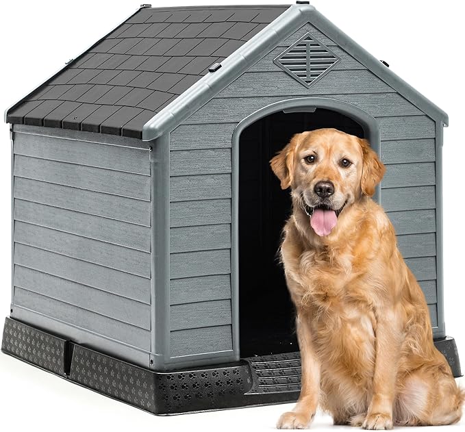 YITAHOME Plastic Dog House, Waterproof Indoor Outdoor Doghouse for Large or Small Dog, with Air Vents and Elevated Floor, Easy Assemble and Clean