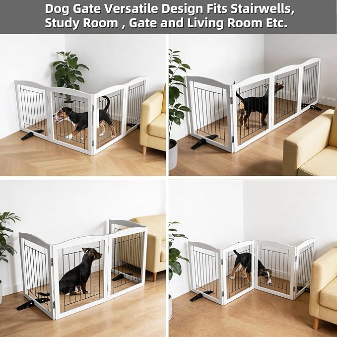 Dog Fence Indoor,Dog Gate Indoor for Doorway pet gate -4-Panel Freestanding, Hallways, House or Stairs -80x32-Inch Retractable Foldable Expandable Wood Pet by SFJC (White)